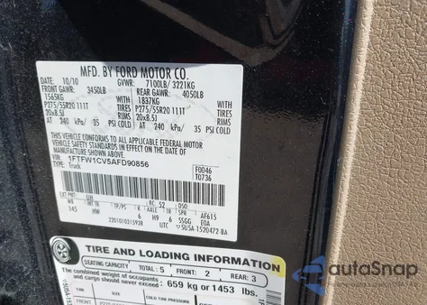 2010 Ford F-150 Fx2 Sport/Harley-Davidson/King Ranch/Lariat/Platinum/Xl/Xlt from USA, damaged, VIN 1FTFW1CV5AFD90856